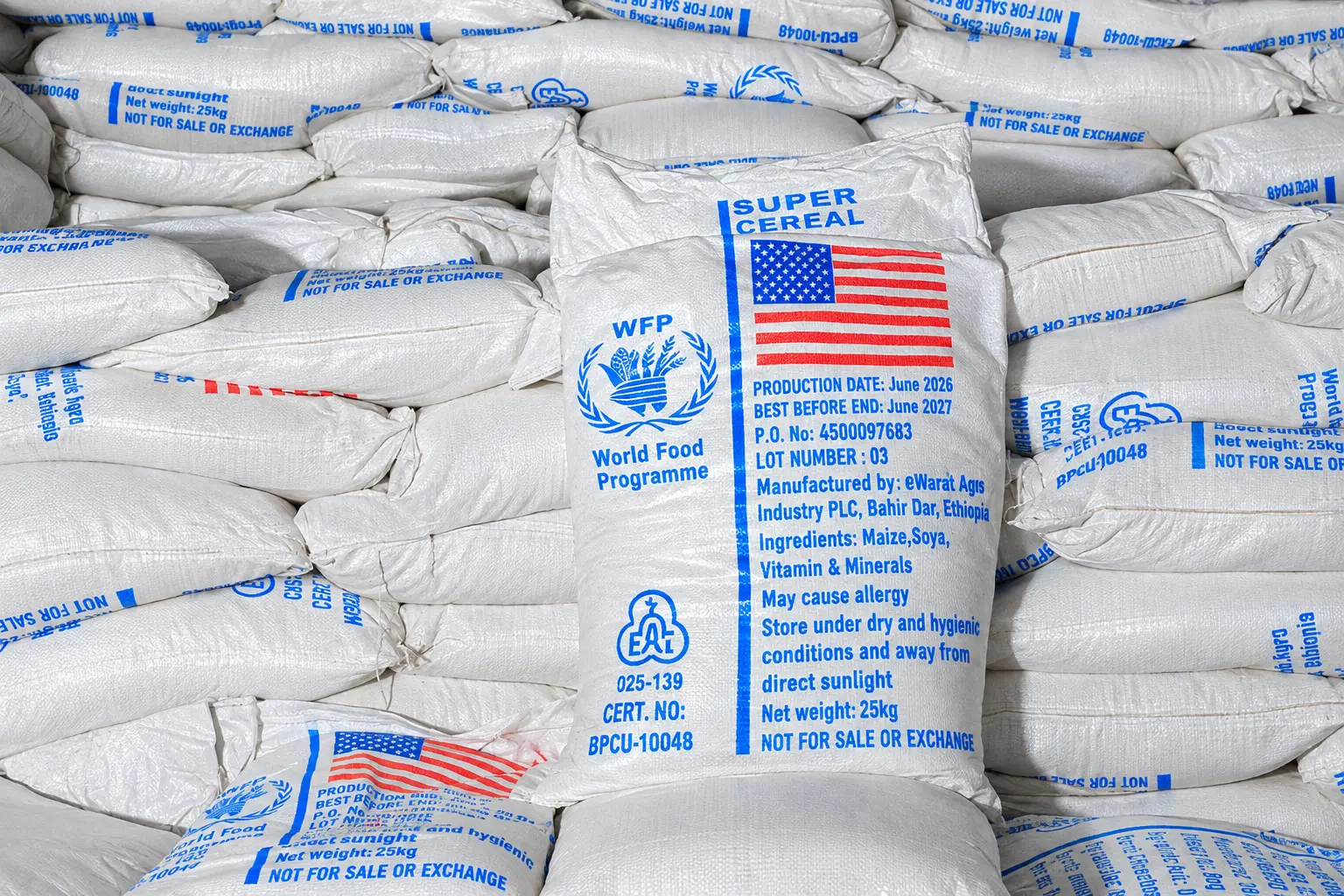 Stacked fortified Super Cereal bags produced at the Quarit Bahir Dar facility